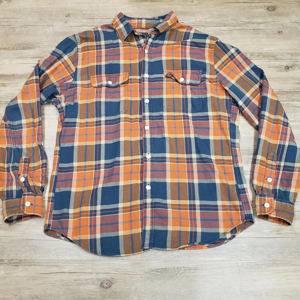J.Crew Shirt Mens L Orange Blue Plaid Long Sleeve Flannel Button Up Casual